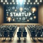 Auditorio moderno lleno, con emprendedores atentos y luces vibrantes de innovación startup.