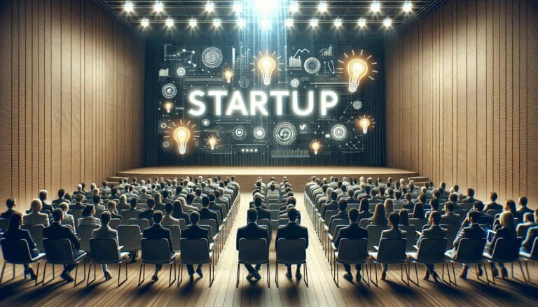 Auditorio moderno lleno, con emprendedores atentos y luces vibrantes de innovación startup.