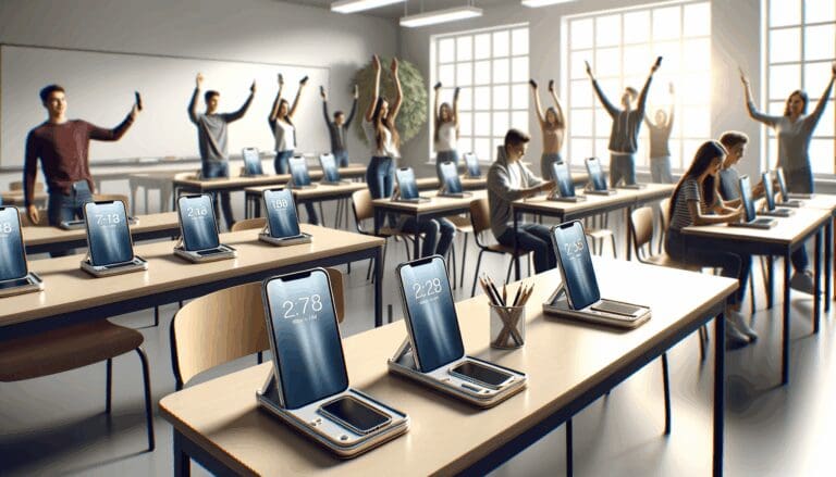 Estudiantes en un aula moderna, depositando sus teléfonos en fundas tecnológicas sobre escritorios.