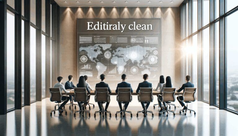 Equipo de emprendedores en una sala de reuniones moderna, frente a pantallas digitales.