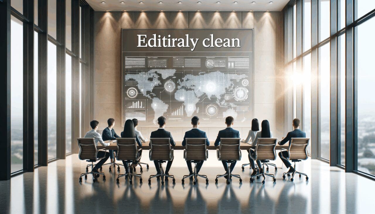 Equipo de emprendedores en una sala de reuniones moderna, frente a pantallas digitales.