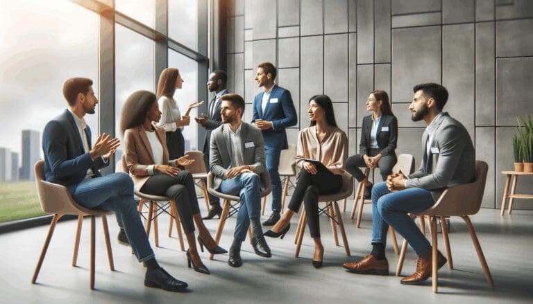 Grupo diverso de emprendedores conversando en un espacio moderno de coworking durante un evento.