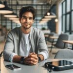 Retrato relajado de un joven emprendedor latinoamericano en un espacio de coworking moderno, con equipos tecnológicos.