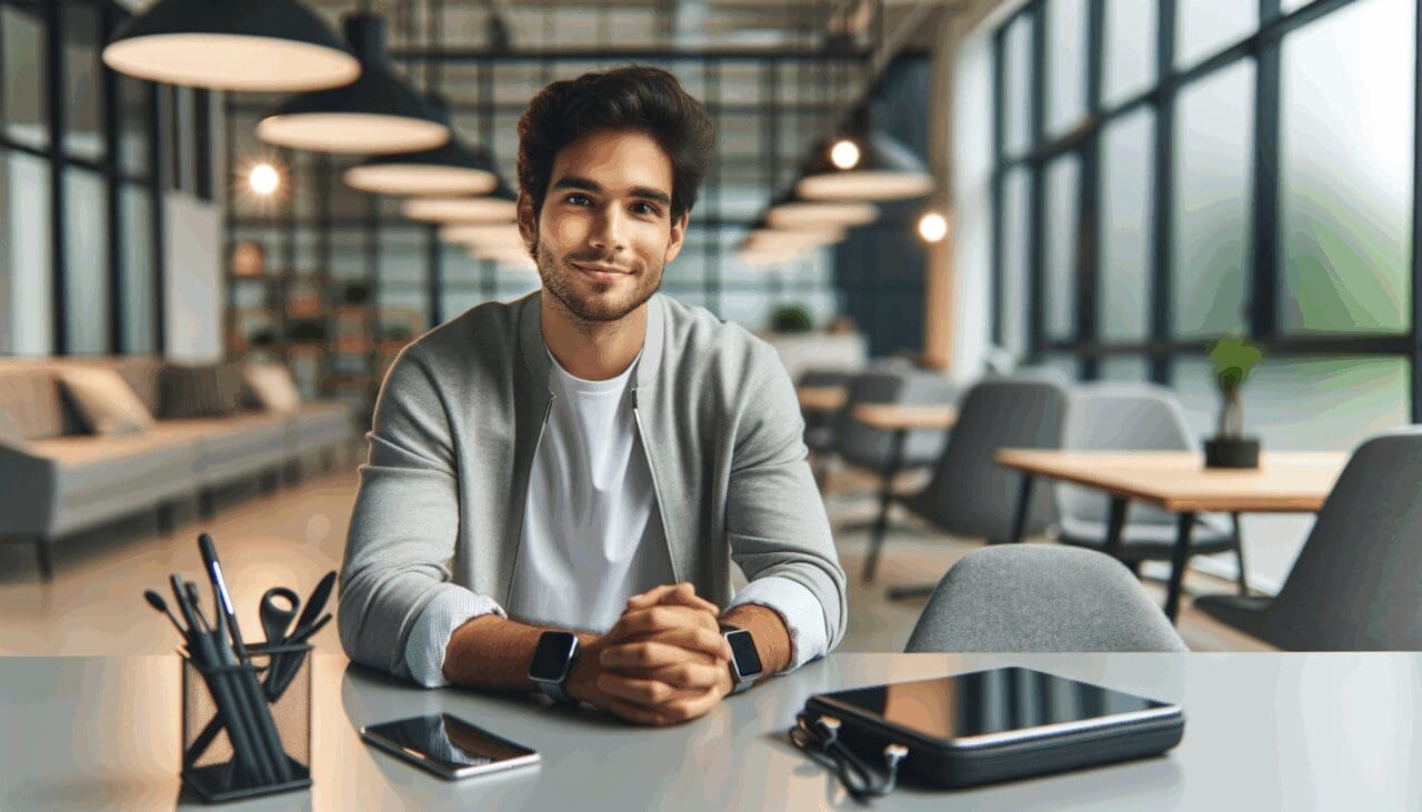 Retrato relajado de un joven emprendedor latinoamericano en un espacio de coworking moderno, con equipos tecnológicos.
