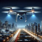 Drone autónomo sobrevolando una ciudad moderna, ambiente nocturno con luces urbanas.