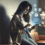 Persona usando una aplicación móvil en un entorno relajado, ilustrando el soporte digital en salud mental.