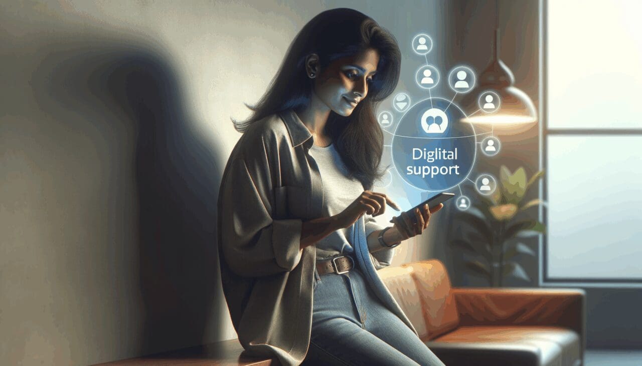 Persona usando una aplicación móvil en un entorno relajado, ilustrando el soporte digital en salud mental.