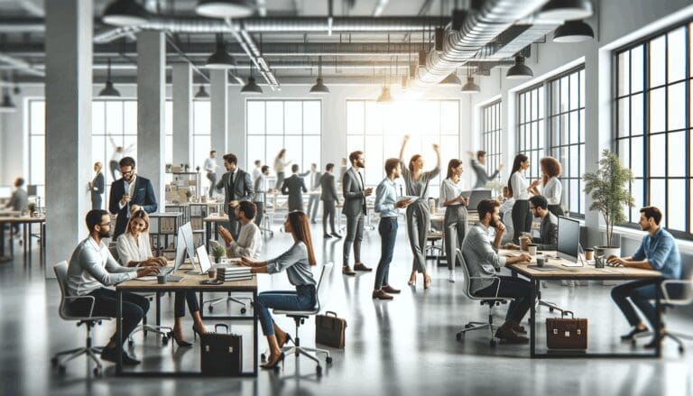 Oficina moderna de coworking llena de emprendedores colaborando y trabajando en equipo.