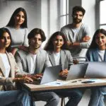 Retrato editorial de jóvenes emprendedores colaborando frente a laptops en un ambiente moderno y luminoso.