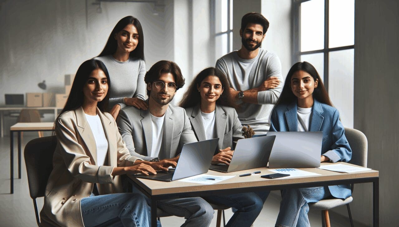 Retrato editorial de jóvenes emprendedores colaborando frente a laptops en un ambiente moderno y luminoso.
