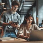 Jóvenes emprendedores trabajando frente a computadores en un espacio moderno de coworking.