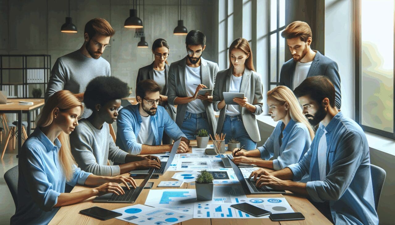 Equipo diverso trabajando en soluciones tecnológicas en un espacio moderno de coworking.