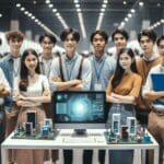 Grupo de jóvenes universitarios presentando proyectos tecnológicos en una feria interior, ambiente colaborativo.