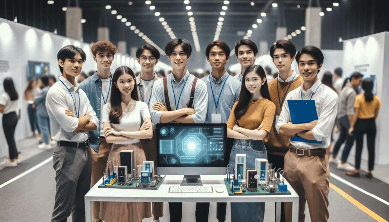 Grupo de jóvenes universitarios presentando proyectos tecnológicos en una feria interior, ambiente colaborativo.