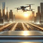 Drone aéreo futurista sobre una ciudad moderna durante el atardecer, ambiente tecnológico.