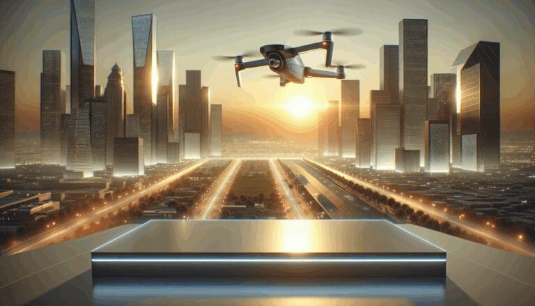 Drone aéreo futurista sobre una ciudad moderna durante el atardecer, ambiente tecnológico.