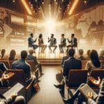 Panel de emprendedores latinoamericanos conversando animadamente en un auditorio moderno con iluminación cálida y pantallas digitales de fondo.