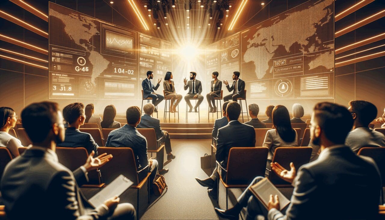 Panel de emprendedores latinoamericanos conversando animadamente en un auditorio moderno con iluminación cálida y pantallas digitales de fondo.