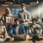 Grupo de jóvenes emprendedores colaborando en un coworking moderno con tecnología digital visible alrededor.