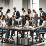 Grupo diverso de personas colaborando en una oficina moderna rodeados de dispositivos tecnológicos.