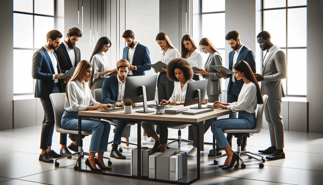 Grupo diverso de personas colaborando en una oficina moderna rodeados de dispositivos tecnológicos.