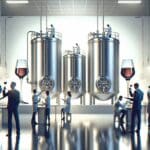 Laboratorio moderno con tanques de acero inoxidable y personas experimentando con copas de vino sin alcohol.
