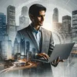 Emprendedor latinoamericano trabajando en laptop frente al horizonte urbano moderno, resaltando dinamismo e innovación.