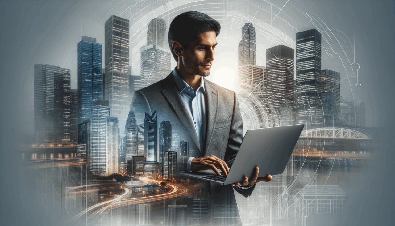 Emprendedor latinoamericano trabajando en laptop frente al horizonte urbano moderno, resaltando dinamismo e innovación.
