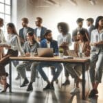 Grupo de emprendedores colaborando en un espacio de coworking moderno y luminoso.