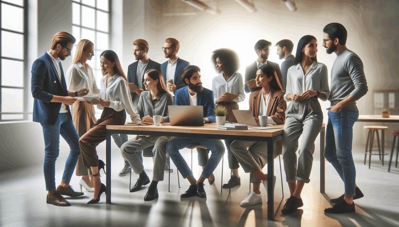 Grupo de emprendedores colaborando en un espacio de coworking moderno y luminoso.