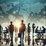 Siluetas de jóvenes emprendedores trabajando frente a pantallas con gráficos digitales y mapas globales.