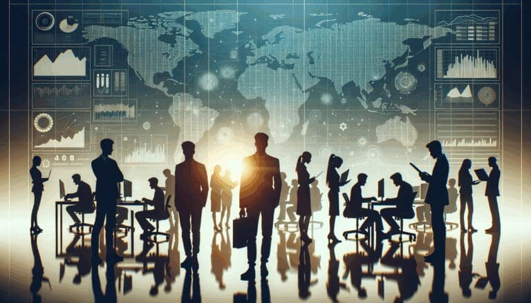 Siluetas de jóvenes emprendedores trabajando frente a pantallas con gráficos digitales y mapas globales.