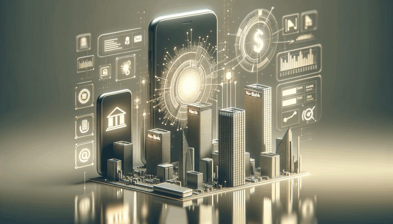 Ilustración de tecnología financiera con neobancos y dispositivos móviles.