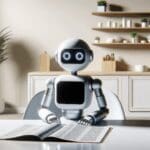 Primer plano de un robot doméstico moderno sobre una mesa en un entorno hogareño minimalista y luminoso.