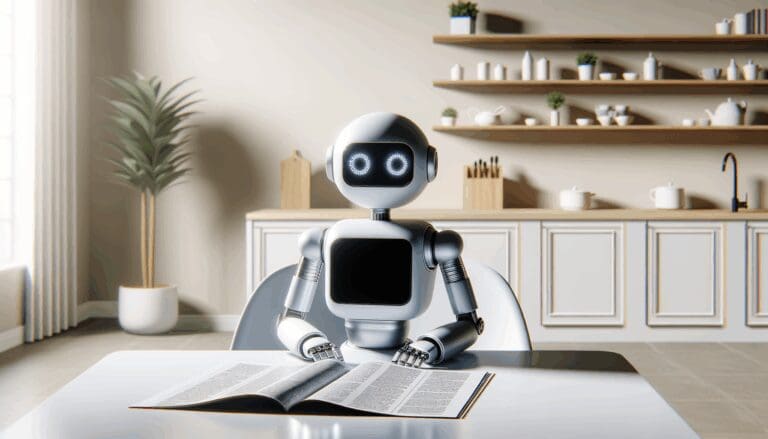 Primer plano de un robot doméstico moderno sobre una mesa en un entorno hogareño minimalista y luminoso.