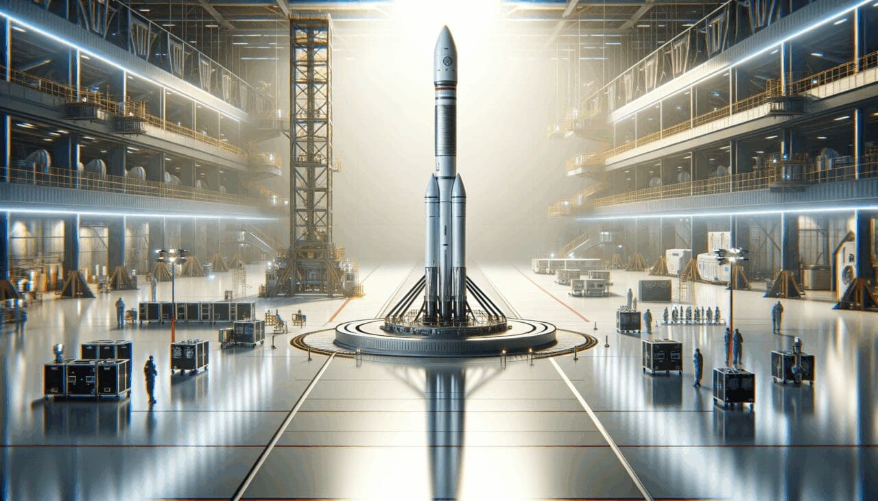 Primer plano de un cohete experimental en una base de lanzamiento, rodeado de equipo tecnológico moderno.