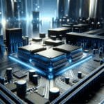 Primer plano de chips de computadora sobre una placa madre iluminada con luces azules, ambiente moderno y tecnológico.