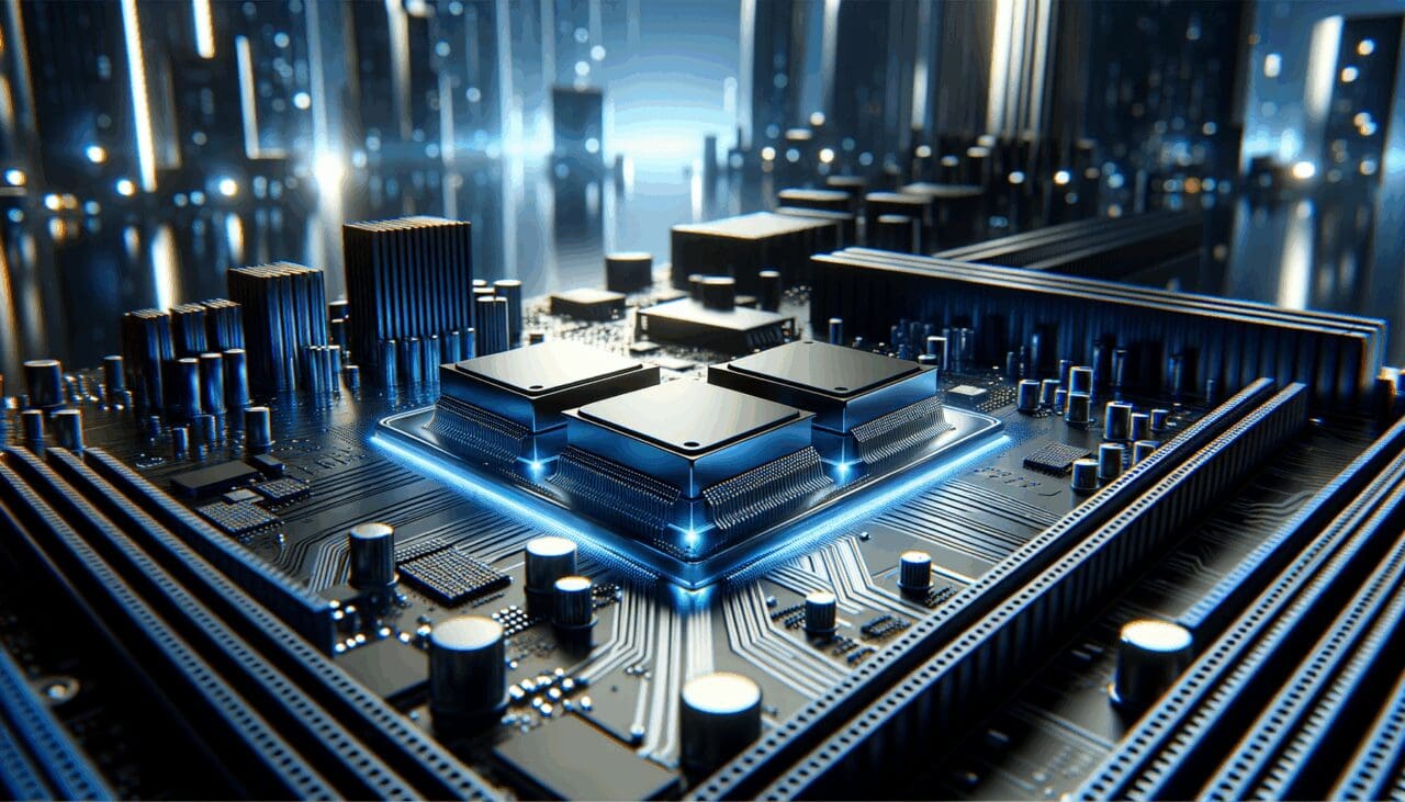 Primer plano de chips de computadora sobre una placa madre iluminada con luces azules, ambiente moderno y tecnológico.