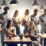 Personas usando smartphones para pagar en un restaurante moderno y luminoso