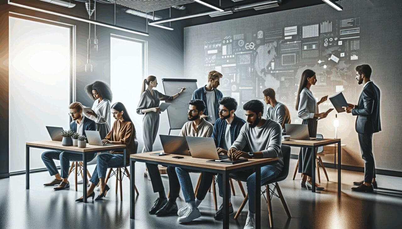 Personas reunidas en un espacio de coworking con laptops y pizarras, ambiente de innovación tecnológica.
