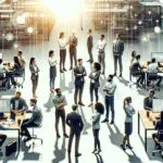 Primer plano editorial de emprendedores colaborando en un laboratorio tecnológico iluminado.