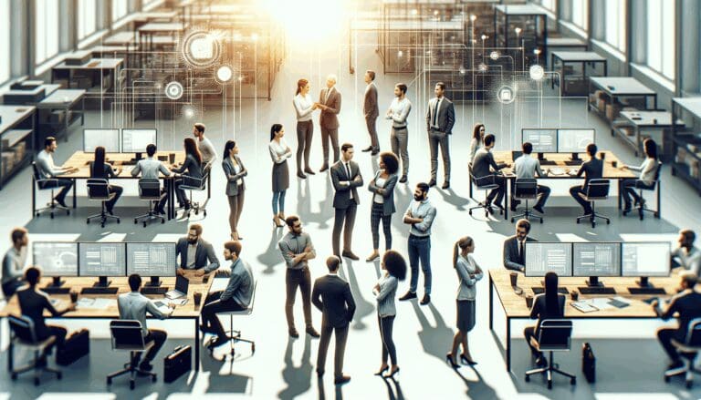 Primer plano editorial de emprendedores colaborando en un laboratorio tecnológico iluminado.