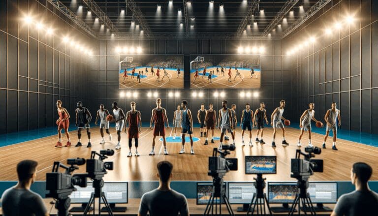 Deportistas profesionales compitiendo en una cancha iluminada con cámaras digitales y pantallas gigantes de fondo.