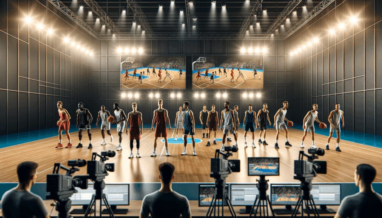 Deportistas profesionales compitiendo en una cancha iluminada con cámaras digitales y pantallas gigantes de fondo.