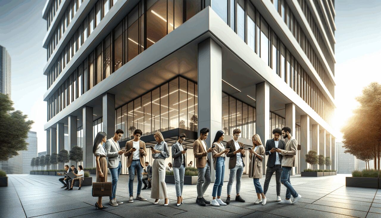 Edificio moderno urbano visto desde la calle, personas jóvenes conversando y usando dispositivos móviles.