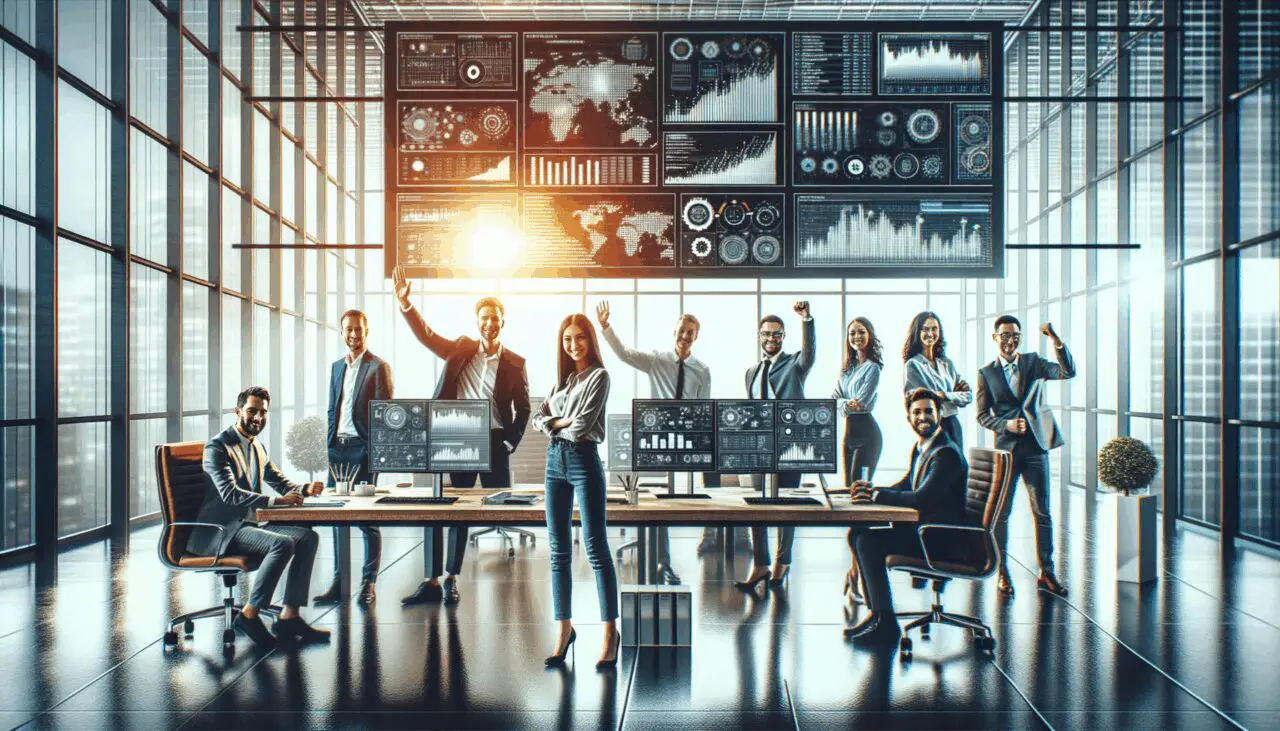 Equipo de emprendedores en oficina moderna, pantallas con datos y ambiente enfocado en tecnología.