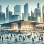 Skyline de ciudad asiática moderna con centro de convenciones y personas interactuando en un entorno tecnológico.