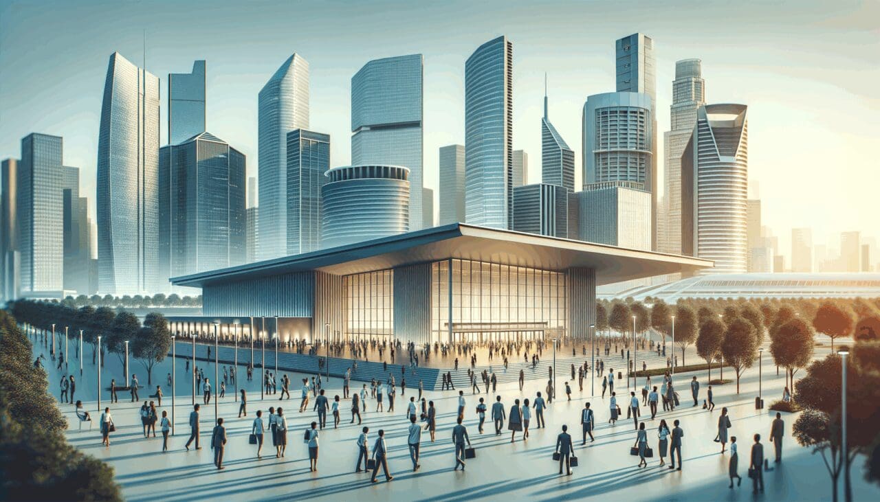 Skyline de ciudad asiática moderna con centro de convenciones y personas interactuando en un entorno tecnológico.