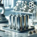 Primer plano de baterías de litio en laboratorio con instrumentos científicos de fondo, ambiente moderno e innovador.