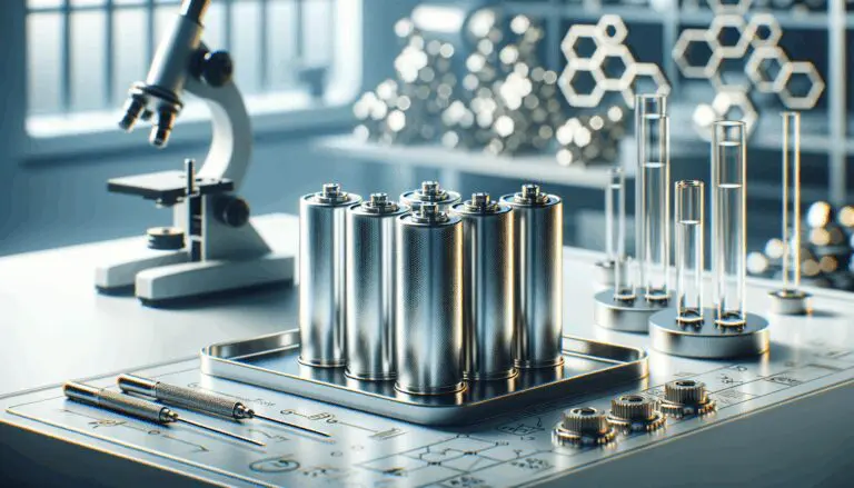 Primer plano de baterías de litio en laboratorio con instrumentos científicos de fondo, ambiente moderno e innovador.